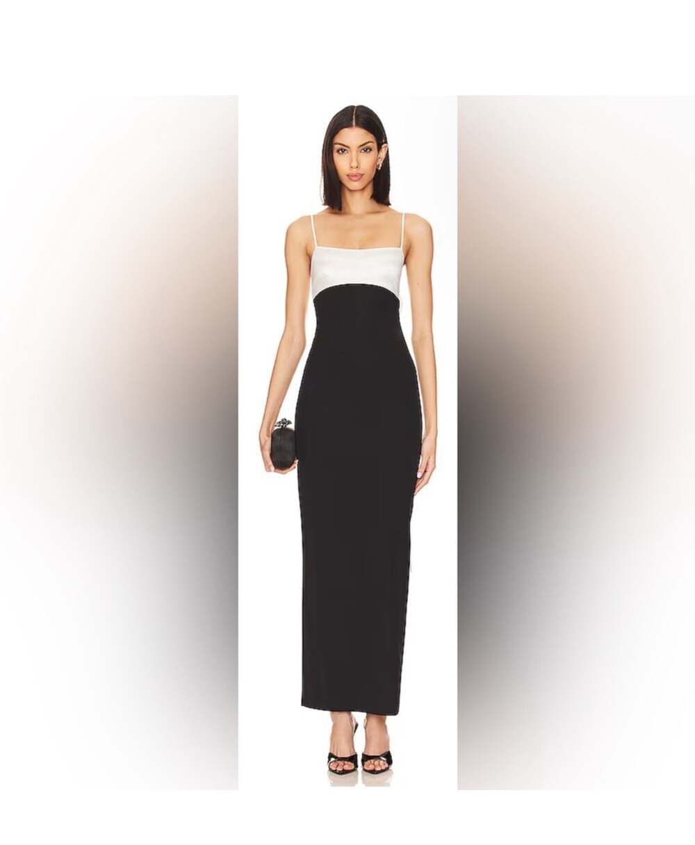 Majorelle Avori Color Block Bow Back Maxi Column Gown Black White